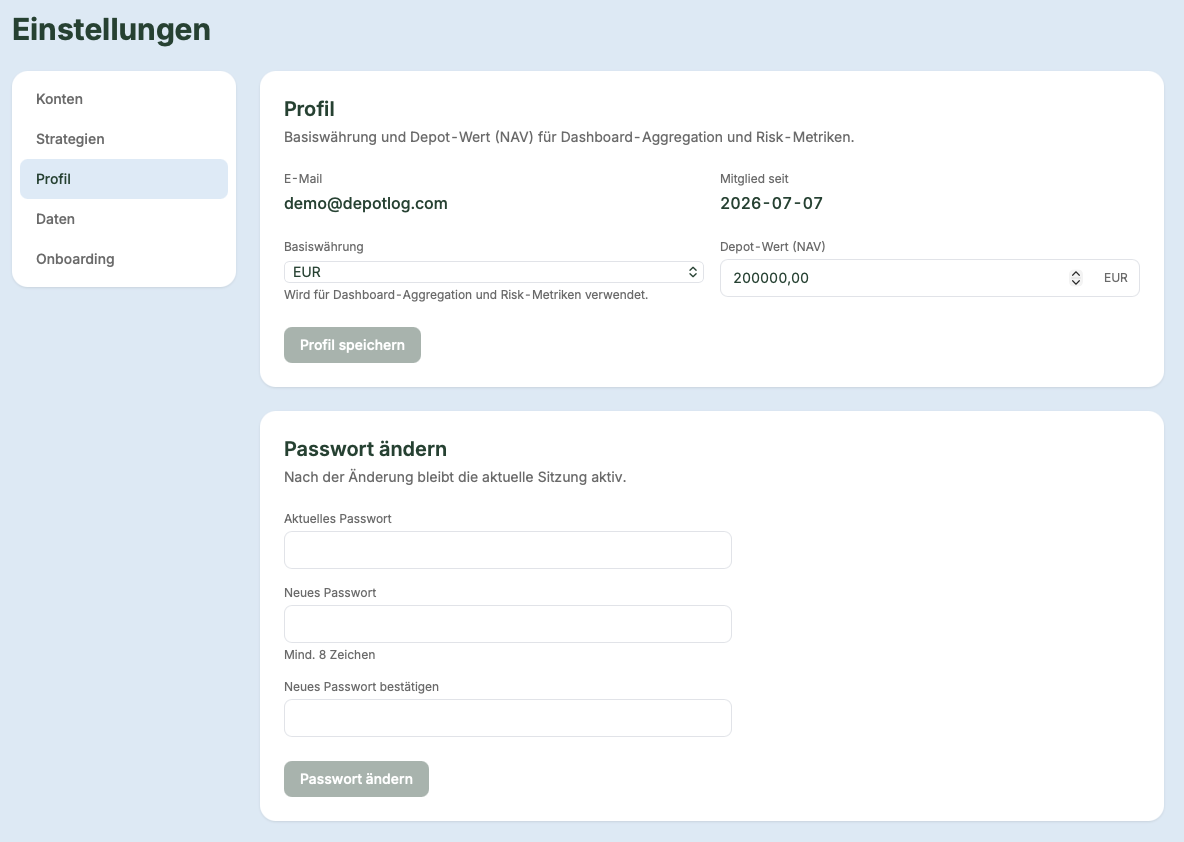 Profil-Tab mit Name, E-Mail und Passwort-Ändern