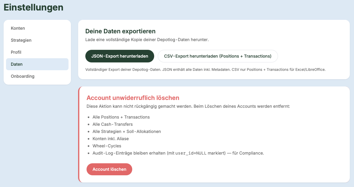 Daten-Tab mit Export und Account-Löschung