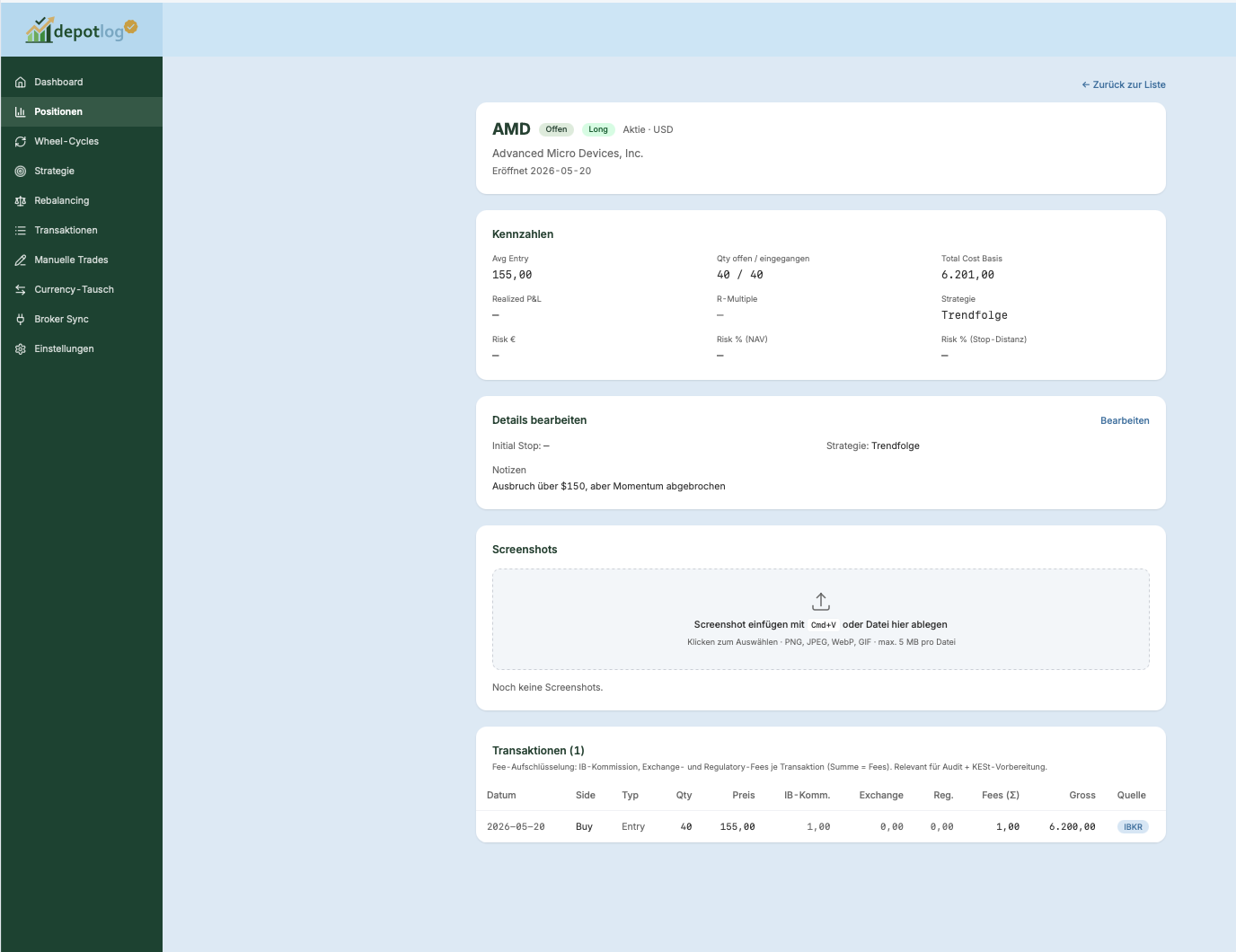 Position-Detail mit Screenshots